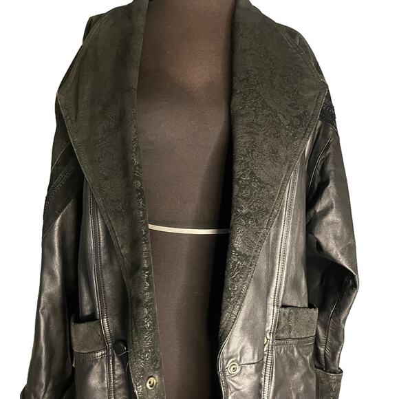 Vtg Leather Double Breasted Brocade Trim Drop Waist Oversized Midi Coat Women SP - Picture 4 of 10